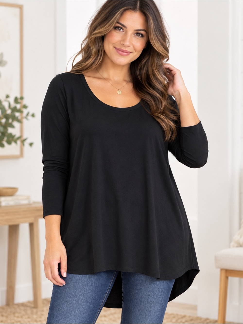 LuLaRoe Women’s Large Black 3/4 Sleeve High Low Tunic Top Stretch USA Made